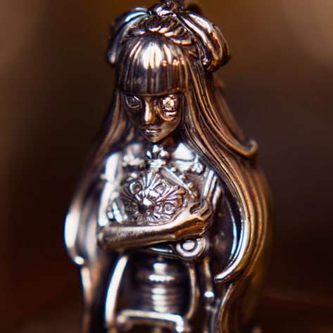 左目にダイヤモンドをセット。キラキラと光る美しい輝きは彼女の目から零れ落ちそうな涙を表現。